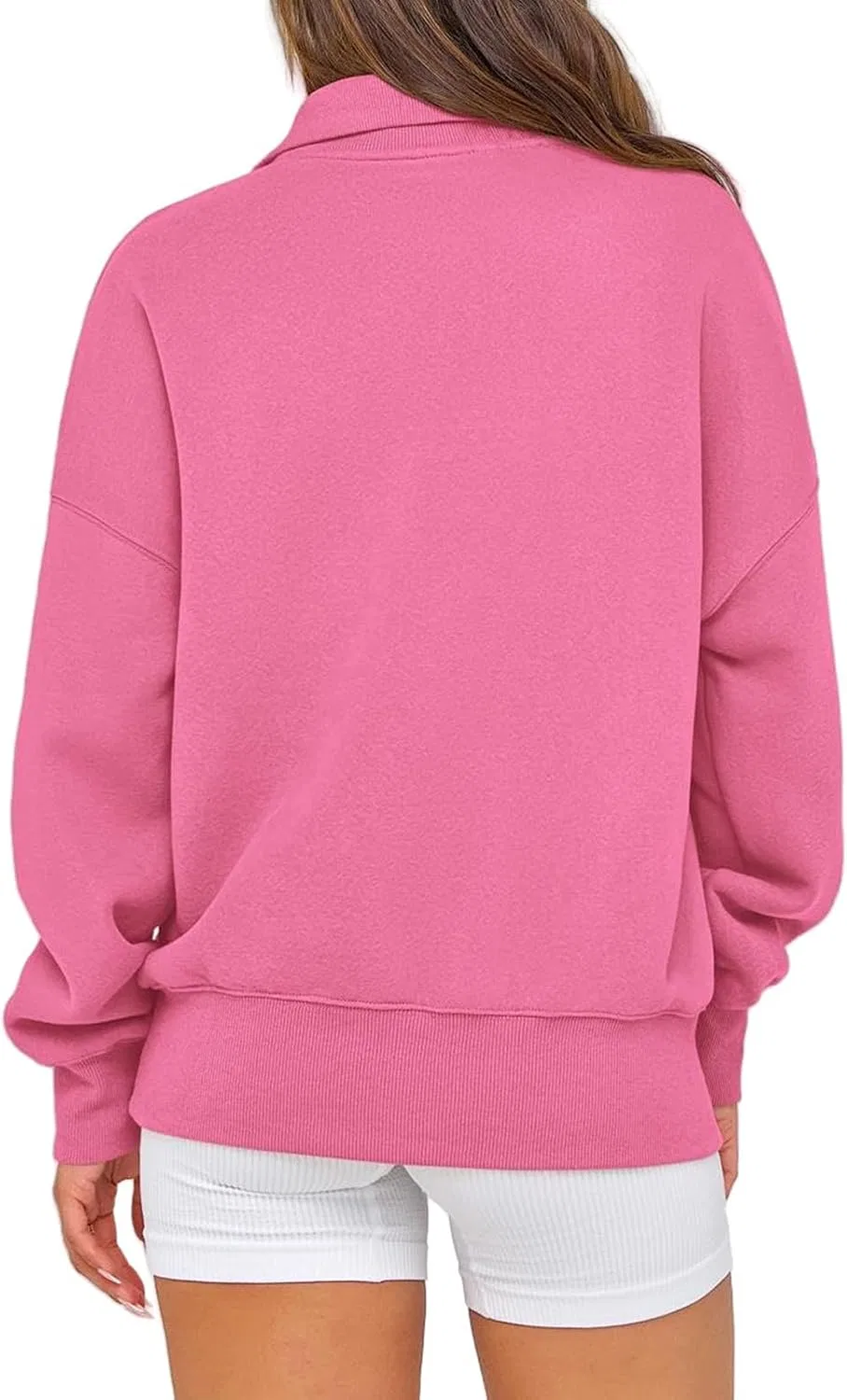 Женский свитшот оверсайз с флисом и карманом, Half Zip, ярко-розовый — фото 2
