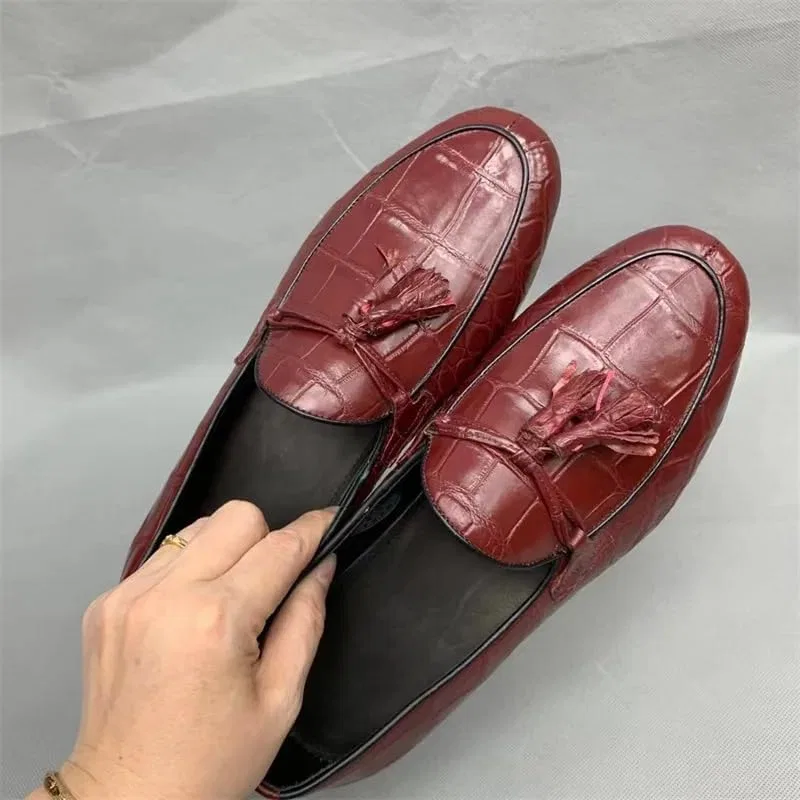 Лоферы из кожи аллигатора, модель Authentic Crocodile Skin Deep Blue Men's Tassel Moccasins Shoes Genuine Exotic Alligator Leather Male Slip-on Dress Flats, бордовый — фото 2