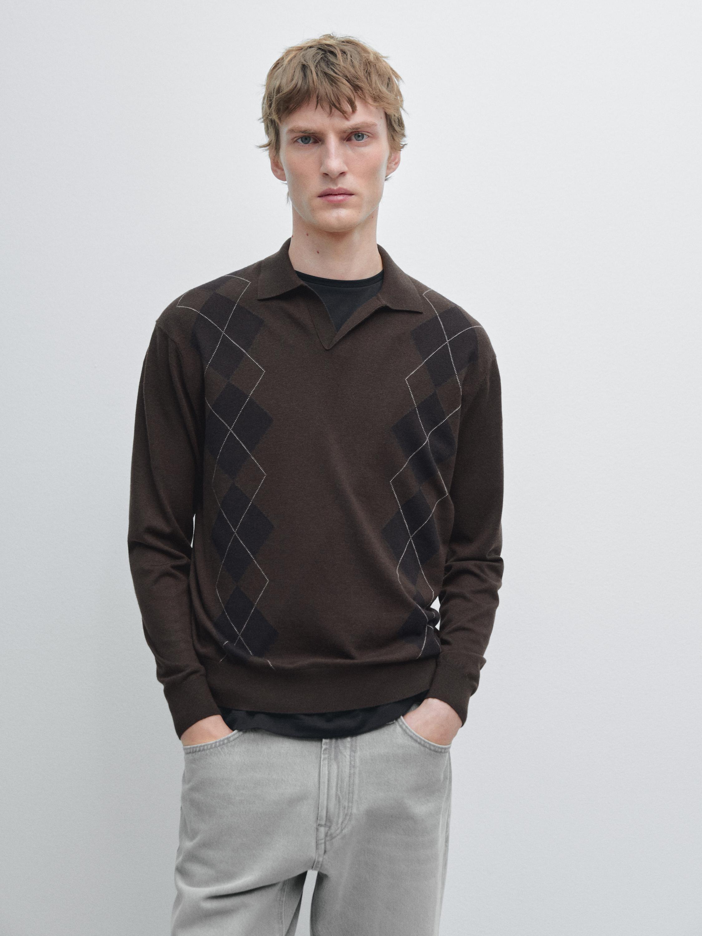 Вязаный свитер-поло из смесовой шерсти с узором аргайл Massimo Dutti, brown — фото 3