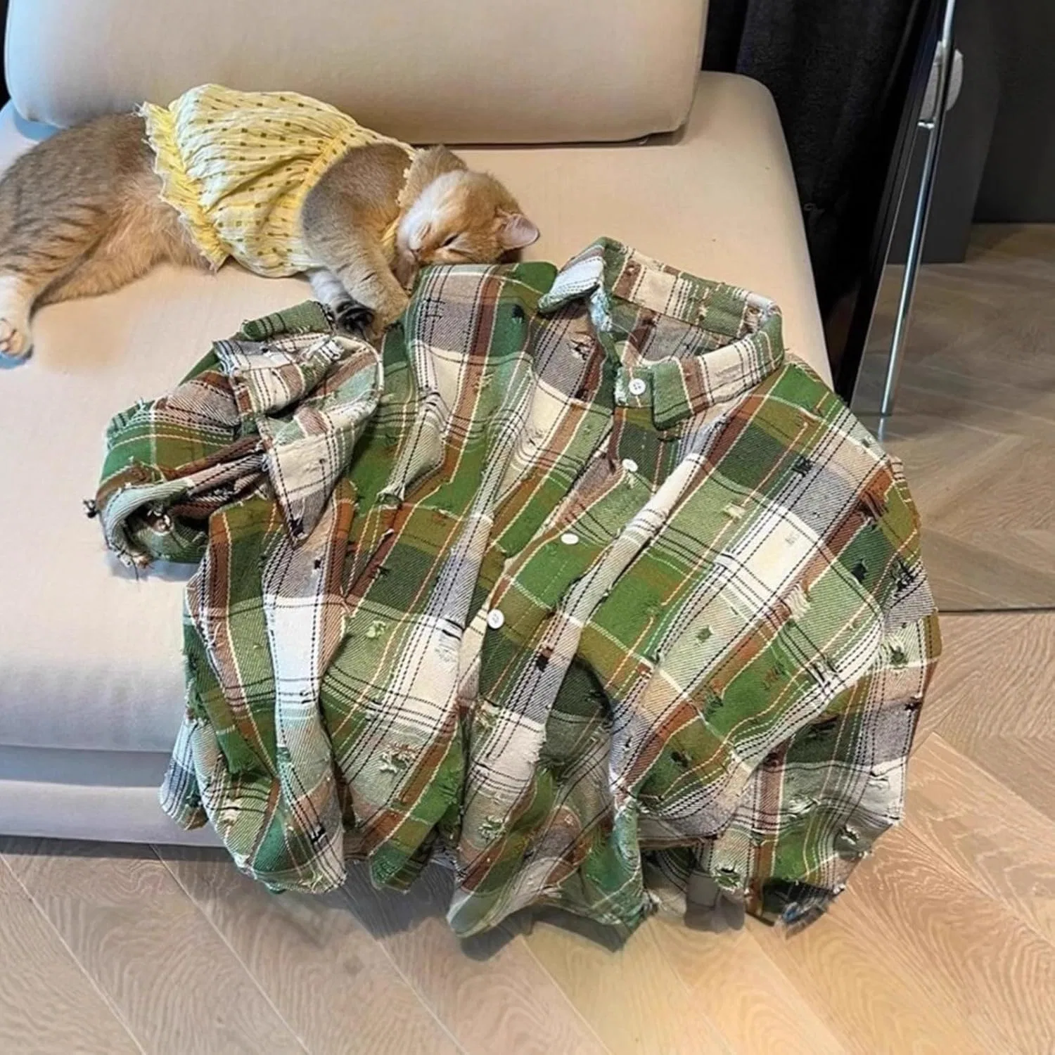 Рубашка женская в клетку с потертостями, Vintage Plaid Long Shirt, зеленый — фото 3