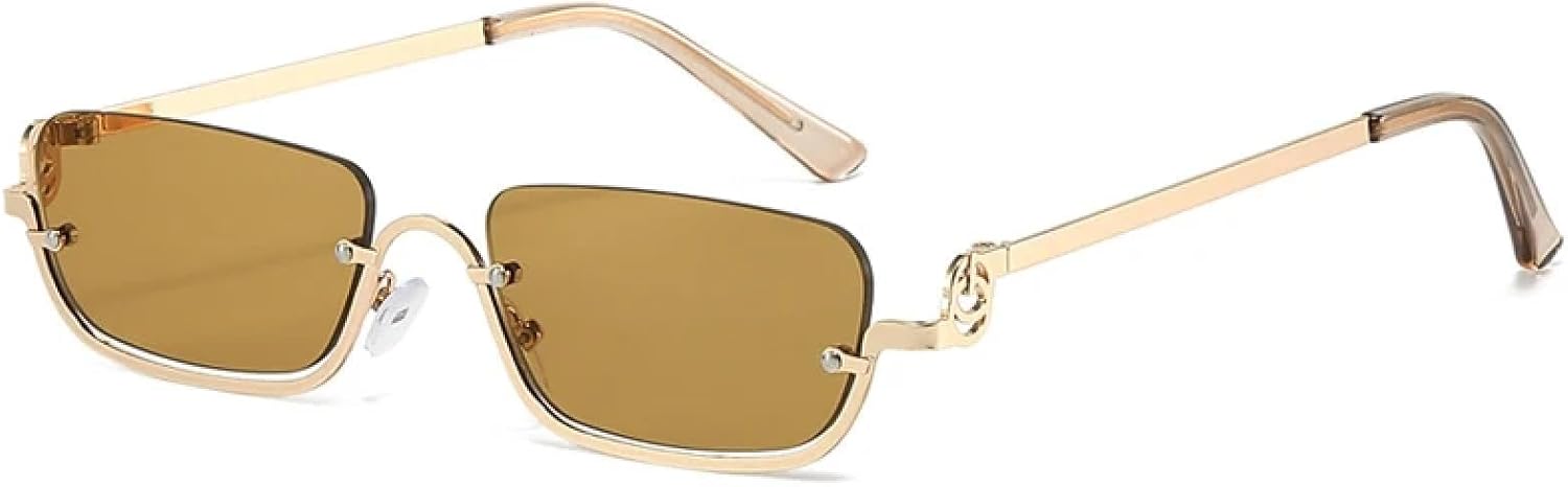 

Солнцезащитные очки в полуободковой оправе для женщин, роскошные, маленькие, металлические, ретро, ​​прямоугольные, черные, модные очки для женщин, защита от УФ-излучения UV400 generic, Gold Tea