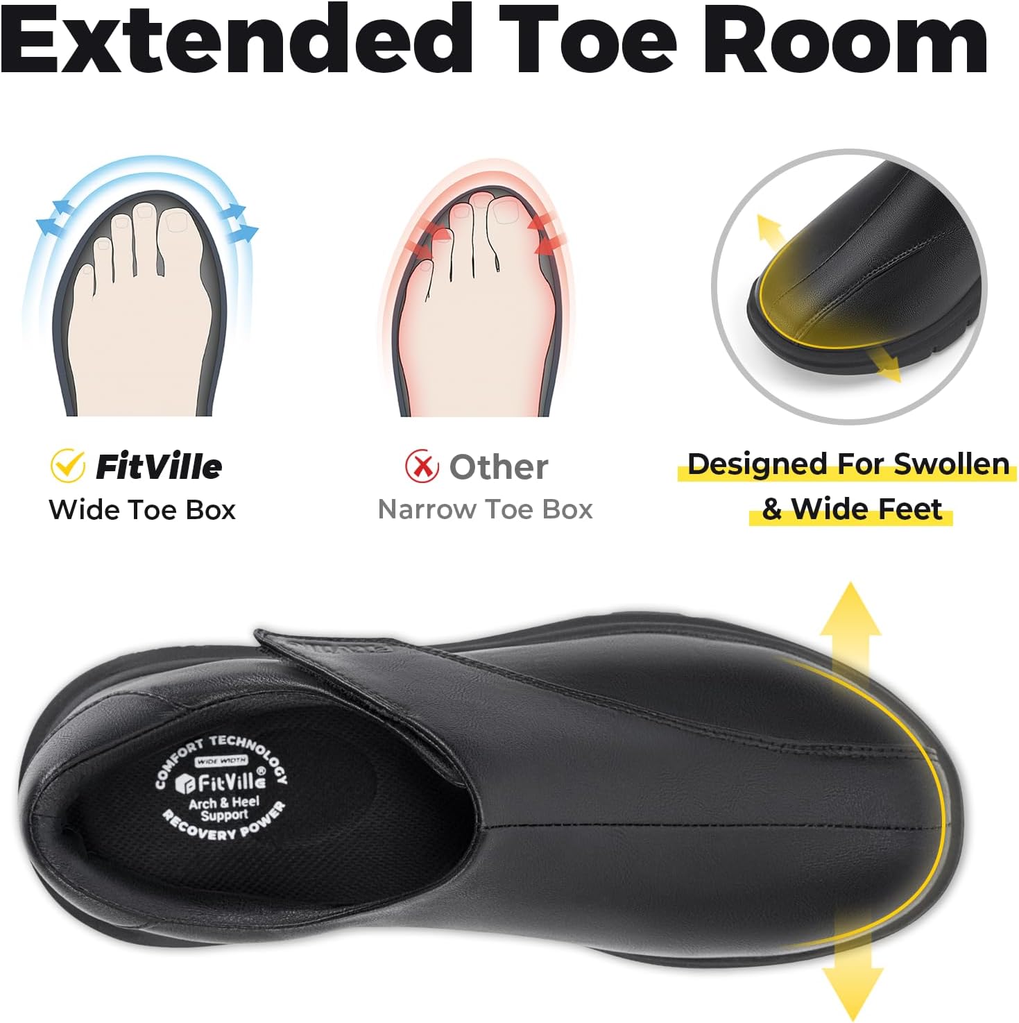 Diabetic Shoes FitVille для мужчин, классические туфли, повседневные слипоны, оксфорды, регулируемые деловые формальные свадебные туфли, ортопедические кроссовки для отекших ног - EasyTop Deluxe Dress Shoes V1, черный — фото 4