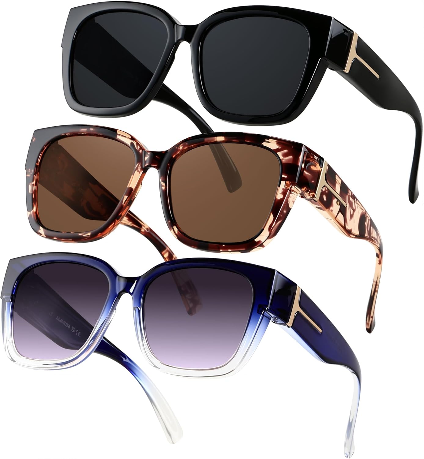 

Поляризованные солнцезащитные очки ANDWOOD, надеваемые поверх обычных очков, для женщин и мужчин, большие квадратные очки с защитой UV400, (3pack) Black + Pattern + Purple Grading