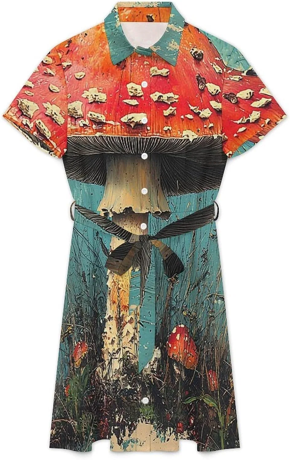 Женское летнее платье-рубашка с коротким рукавом, с поясом, Mushroom Vintage, белый — фото 2