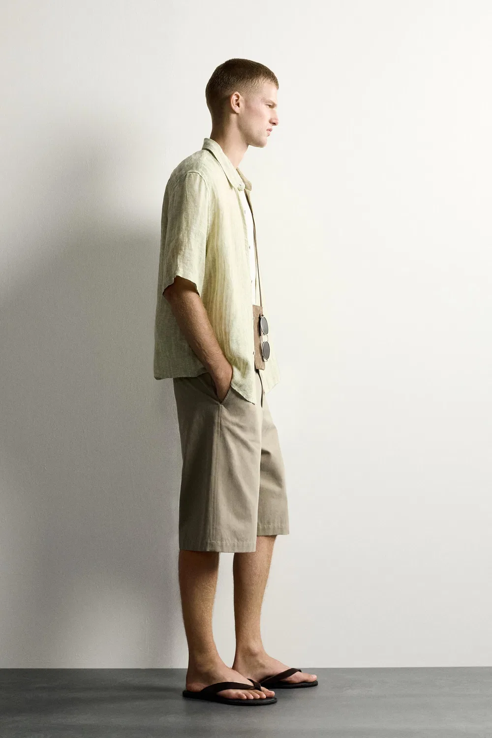 Рубашка в полоску из жаккардовой ткани, 100% лен. ZARA, Light green — фото 4