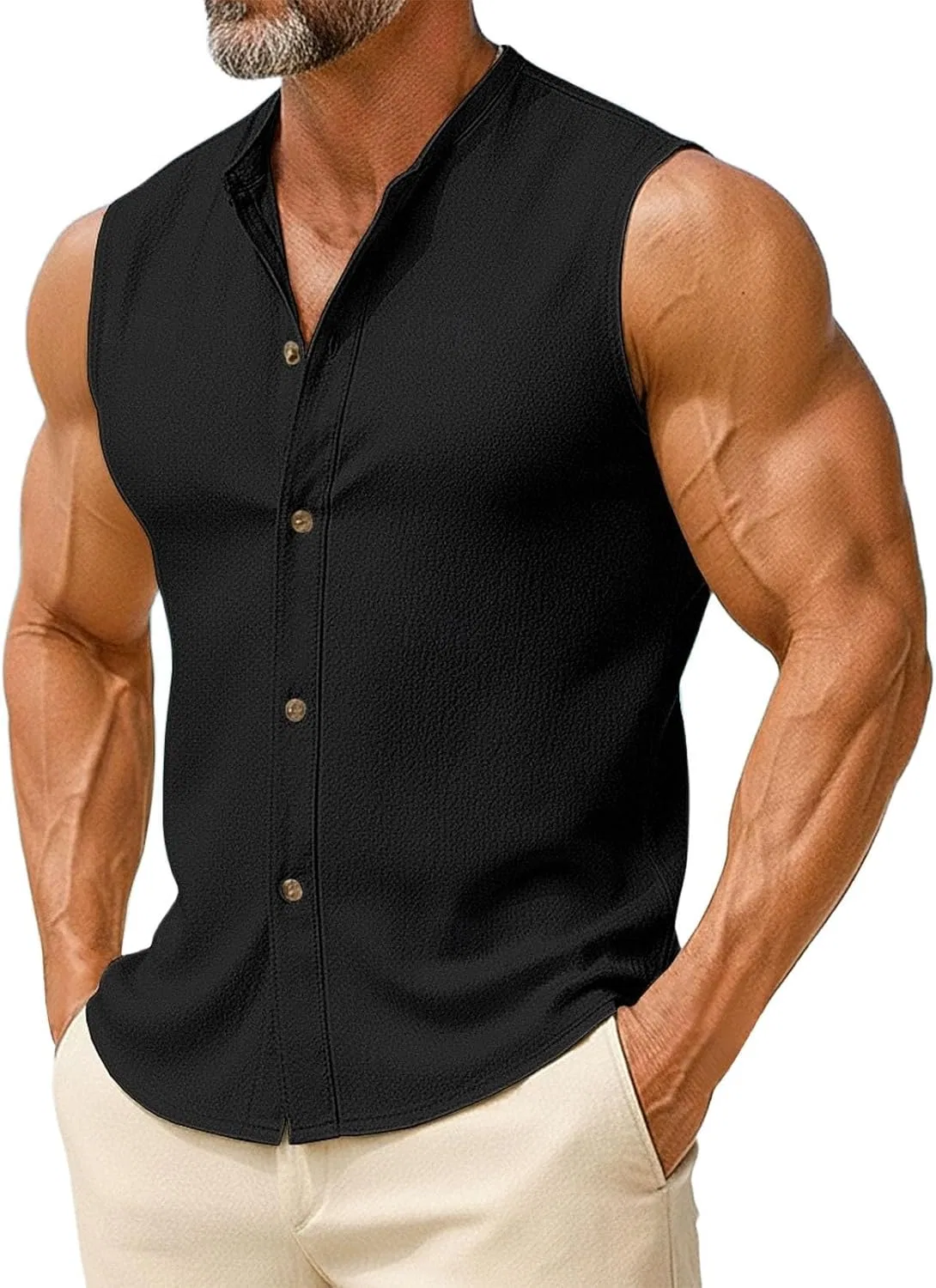 Мужская майка-борцовка с пуговицами, хлопковая, Lightweight Summer Beach Shirts, чёрный