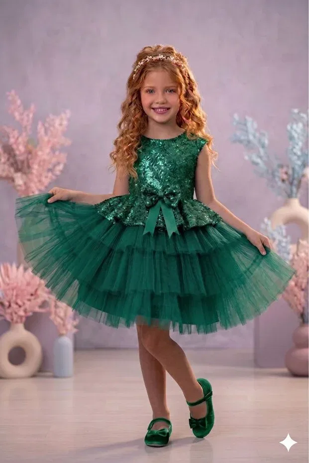 Детское платье для девочек с пайетками Emerald Green Sequined Tulle Delfini Kids, Green