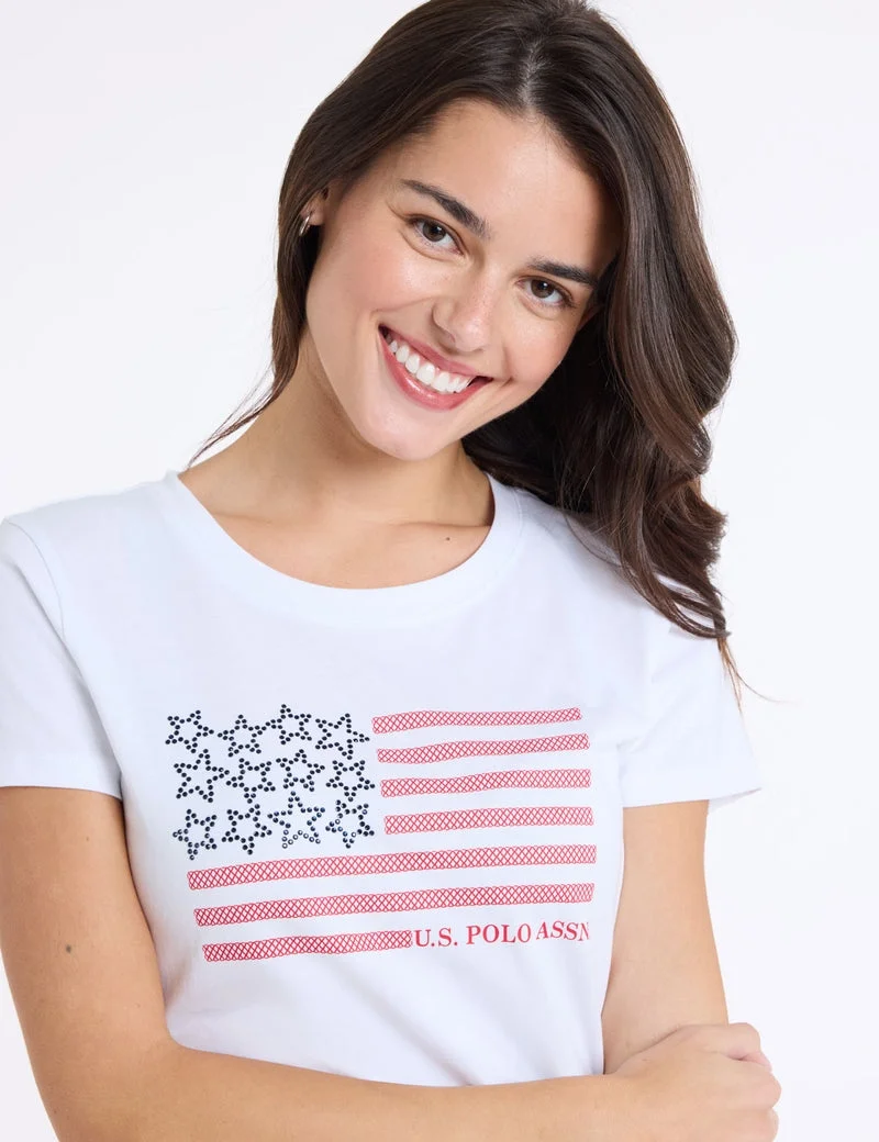Женская футболка U.S. Polo Assn. Rhinestone Flag Crew Neck, белый — фото 4