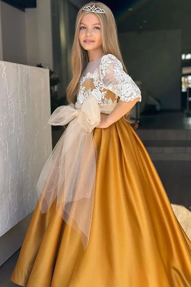 Детское платье для девочек сатиновое с длинным рукавом Girl'S satin mustard long evening dress with transparent tulle collar, guipure embroidered shoulders and sleeves, bow detail Riccotarz, Hardal — фото 2