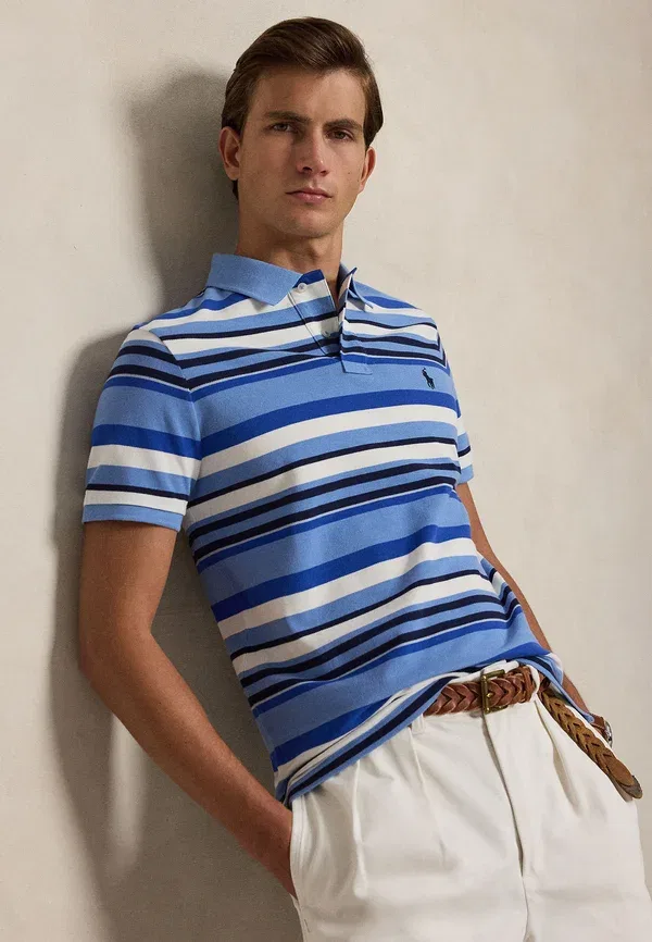 Футболка поло хлопковая Custom slim fit striped mesh polo shirt, Polo Ralph Lauren, Bristol Blue Multi, синий/мультиколор — фото 4