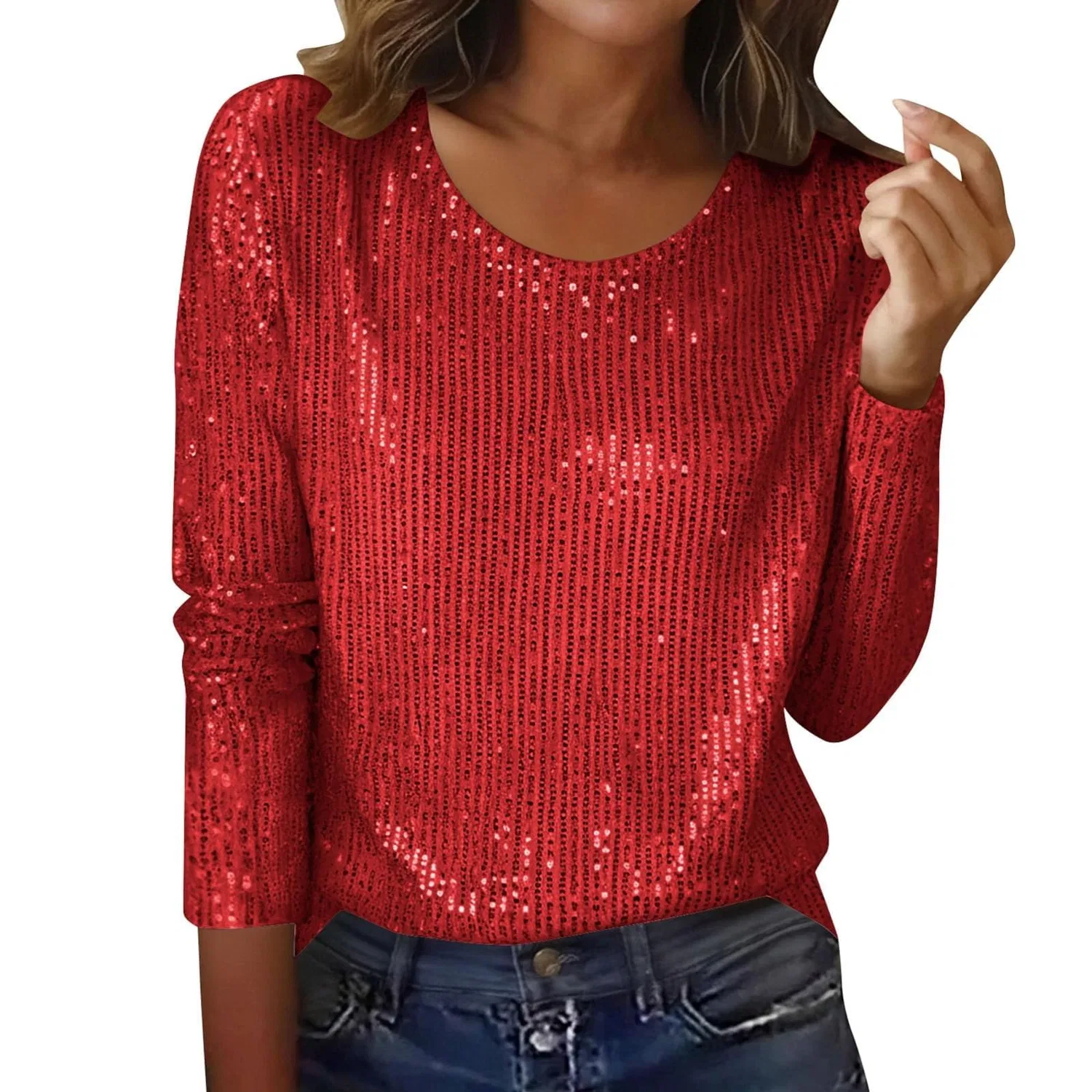Женская блестящая блузка с длинным рукавом Sequin Tops, 1b-red