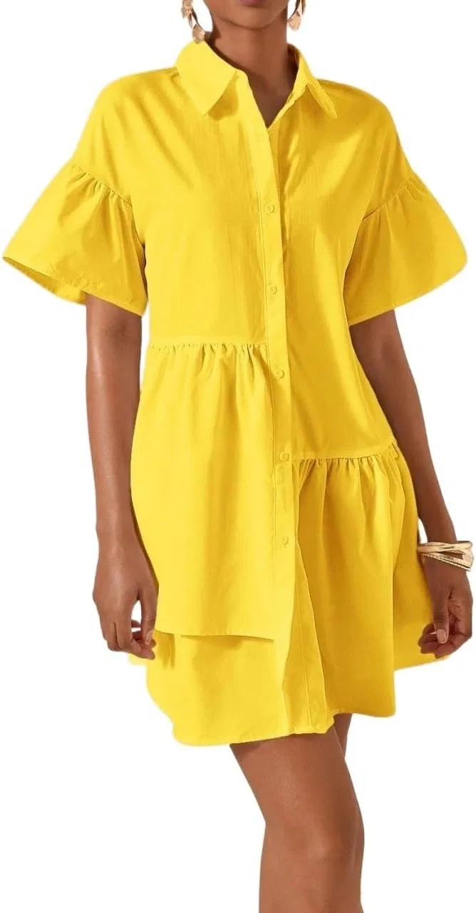 Женское свободное платье-рубашка с воланами Ruffle Flared, Mustard Yellow