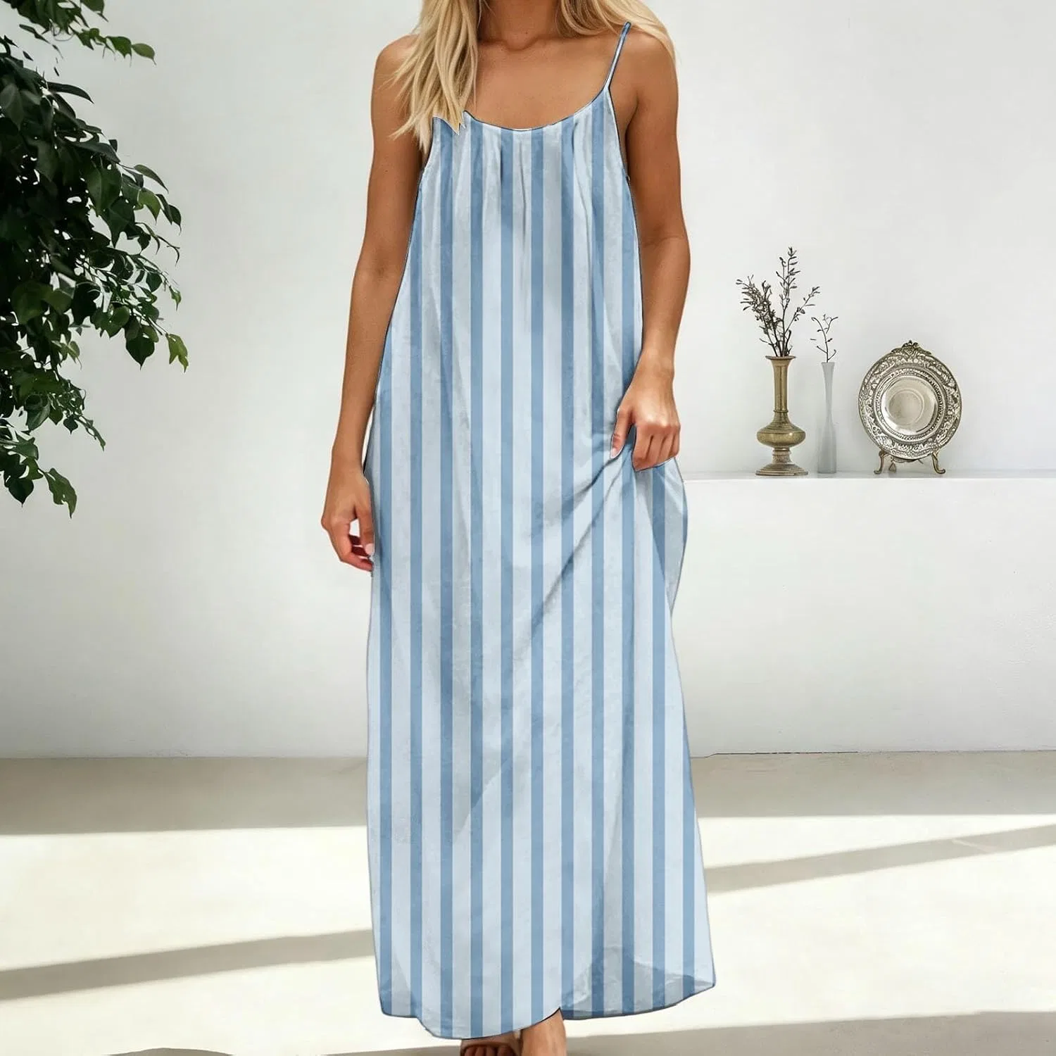 Женское летнее макси-платье с принтом, без рукавов, round neck, Blue — фото 2