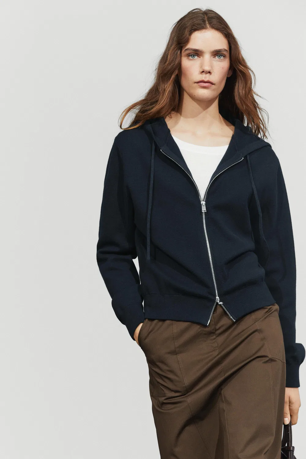 Кардиган Massimo Dutti Cotton Blend Knit Hooded, темно-синий