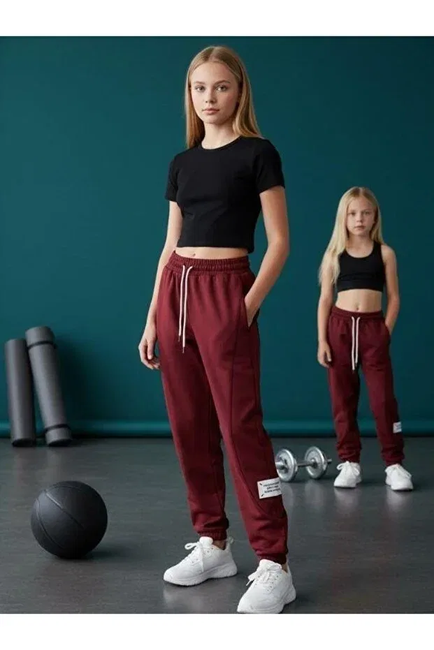 Детские спортивные штаны для девочек с принтом Ribbed Knit Shalwar Cut Design Zekids, Burgundy — фото 2