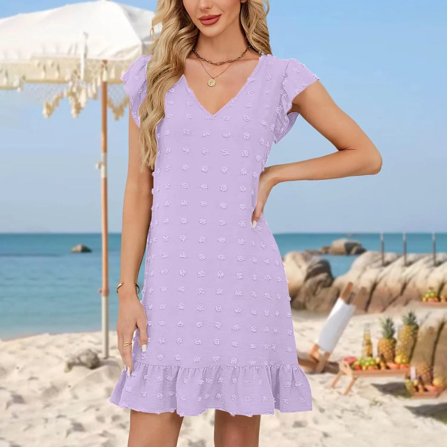 Женское мини-платье с V-образным вырезом и рюшами, Purple — фото 2