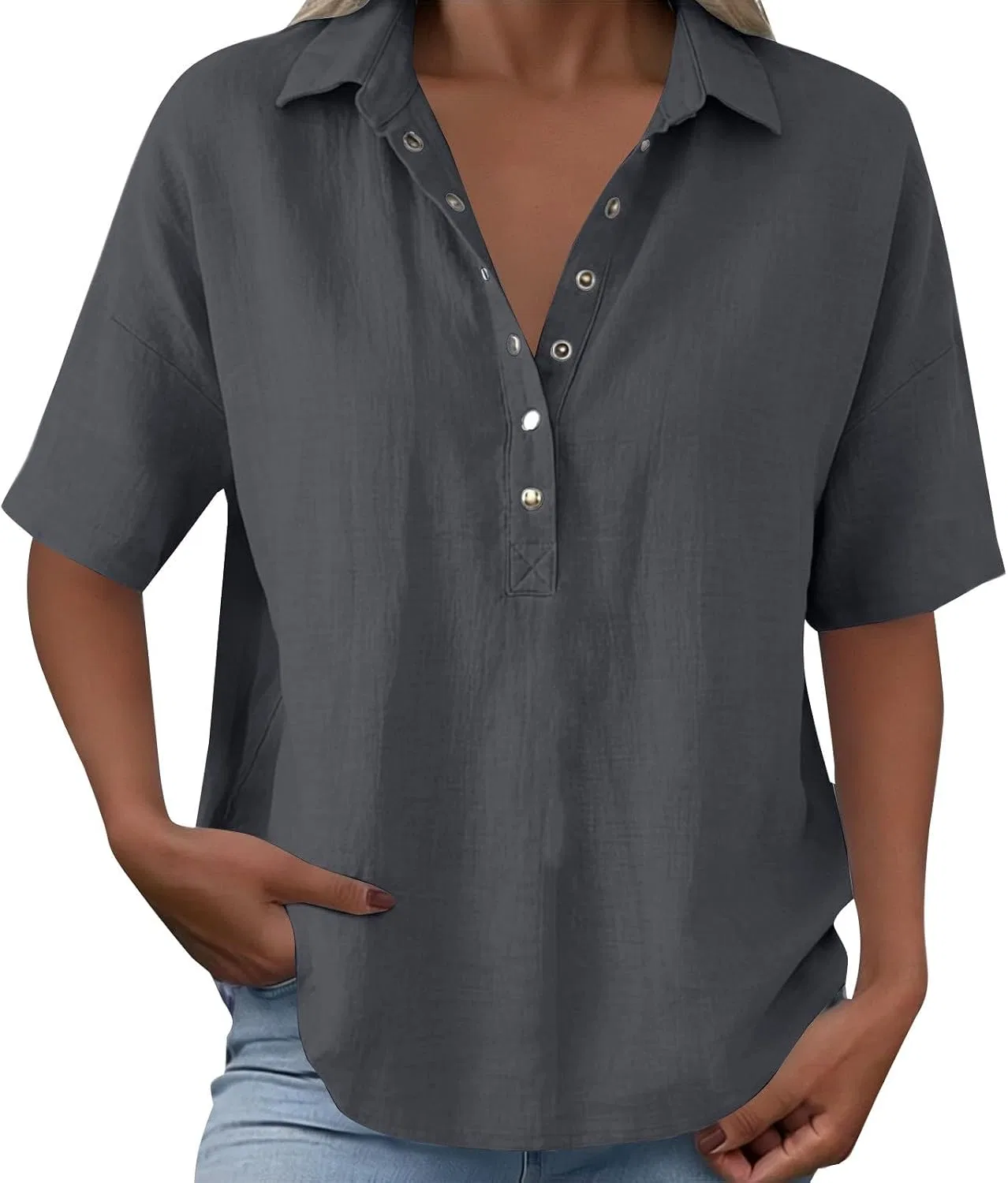 Женская блузка из хлопка и льна с коротким рукавом, V-образным вырезом, C-dark Gray