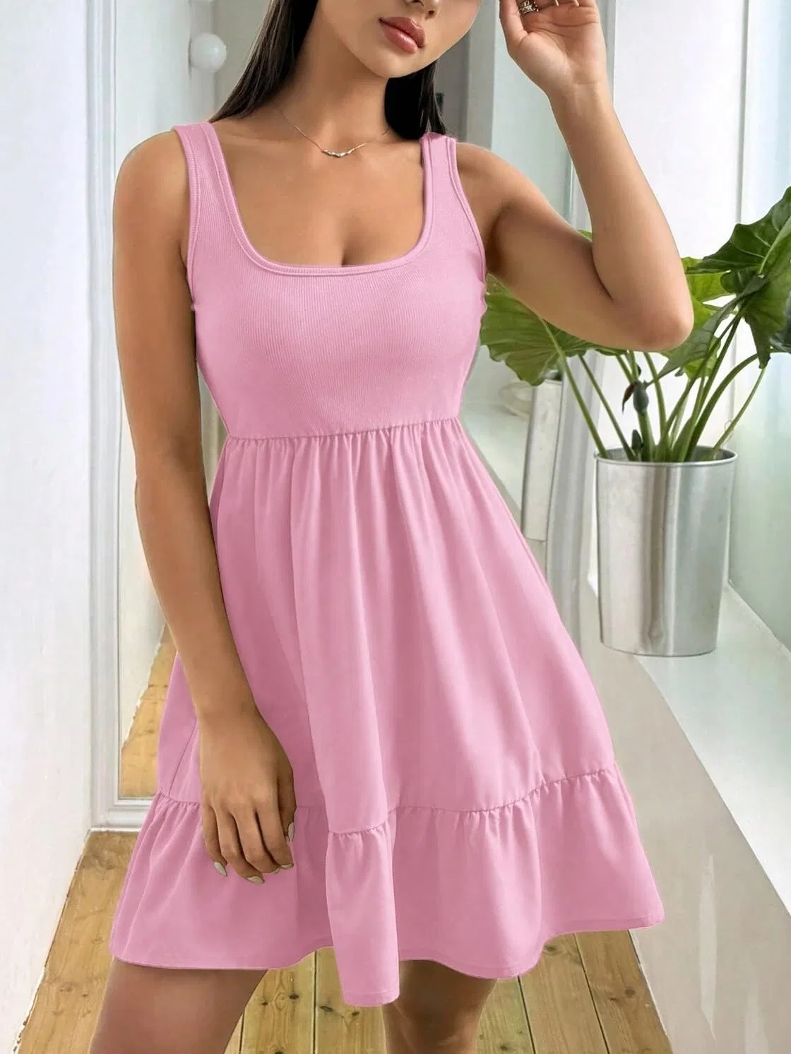 Женское повседневное платье с рюшами без рукавов, Pink — фото 4