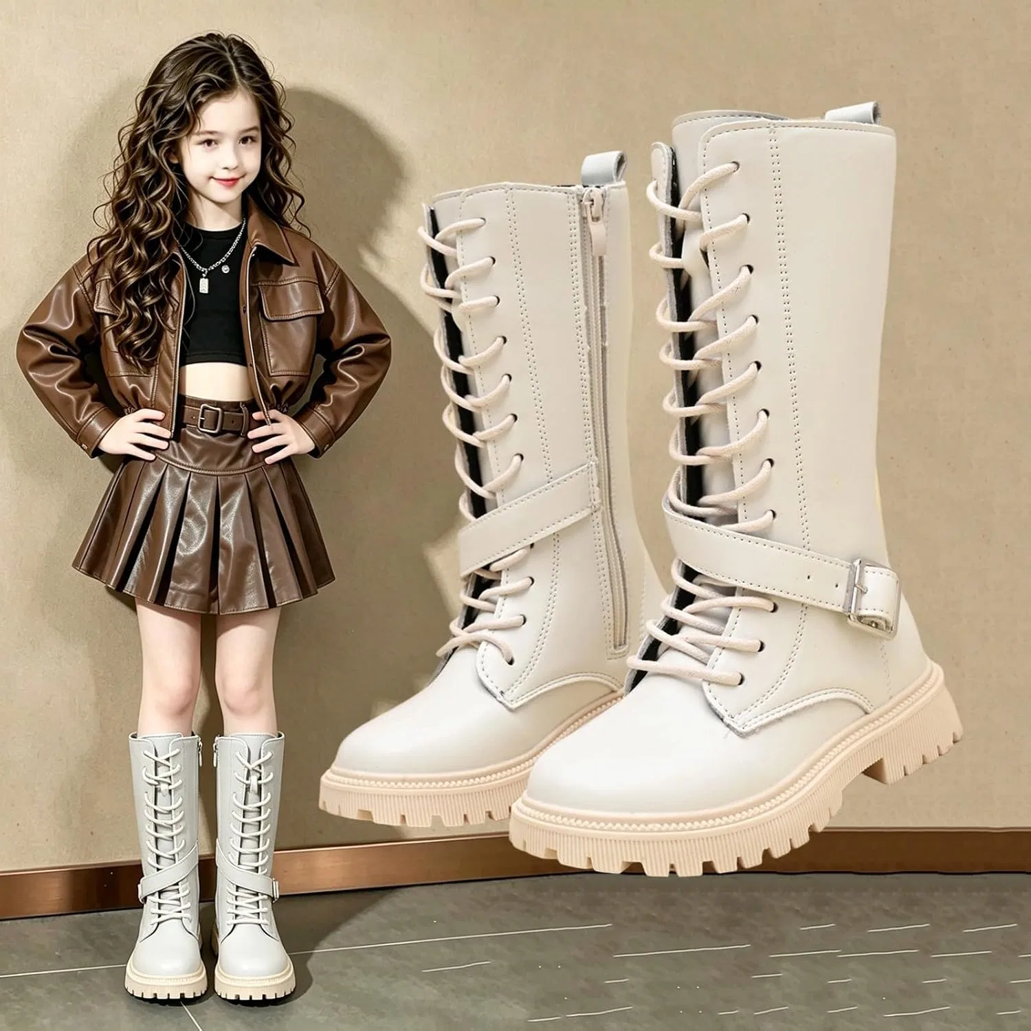 Детские ботинки для девочек на шнуровке с ремешком на пряжке Combat Boots Kids Knee High Lace Up Buckle Strap Riding Booties, White — фото 2