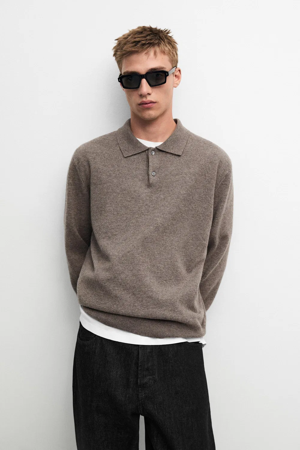 Поло-свитер Massimo Dutti Wool Blend Knit, темный хаки