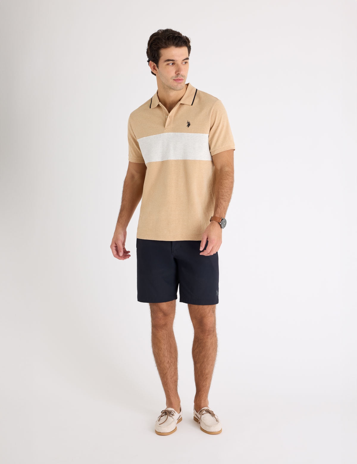 Мужская футболка-поло U.S. Polo Assn. Ottoman Knit Colorblock, бежевый/белый — фото 4