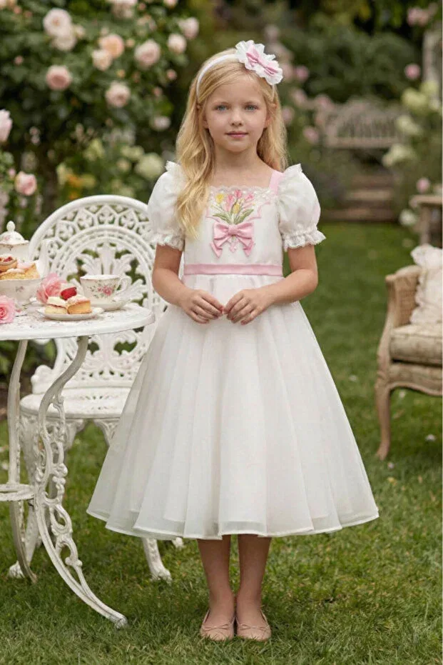 Детское платье для девочек с принтом Embroidered Floral Evening Dress Tulle Event Dress & Hair Accessory - Set of 2 Pamina, Ecru