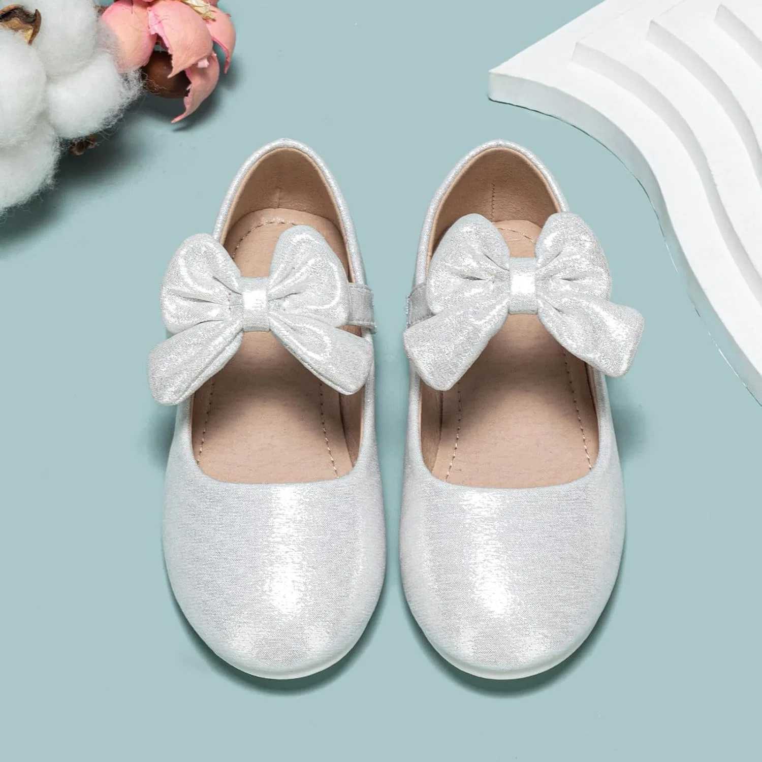 Детские балетки для девочек с бантом Mary Jane Shoes Ballet Bow, Silver — фото 2
