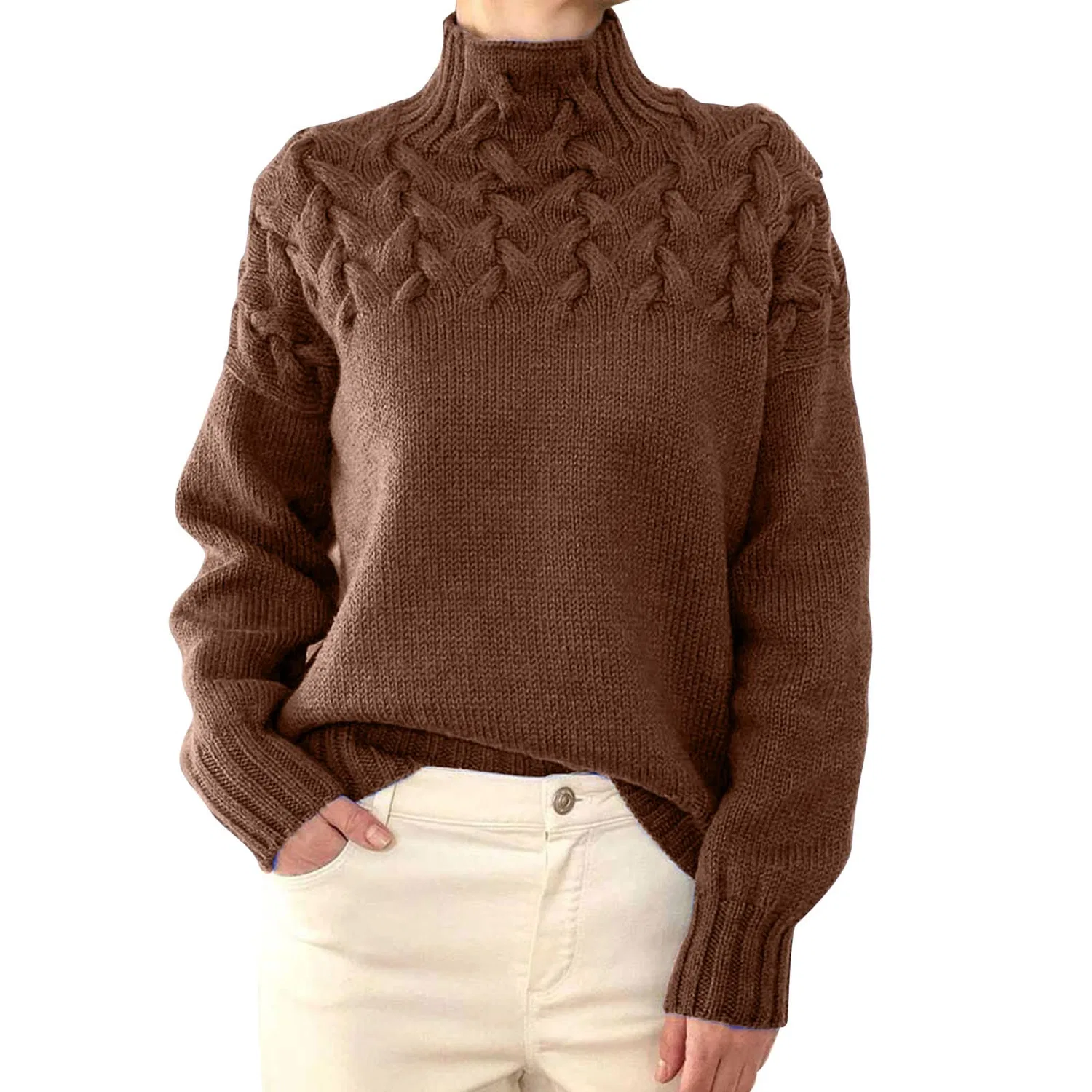 Женский свитер с высоким воротом и длинным рукавом, Dark Khaki