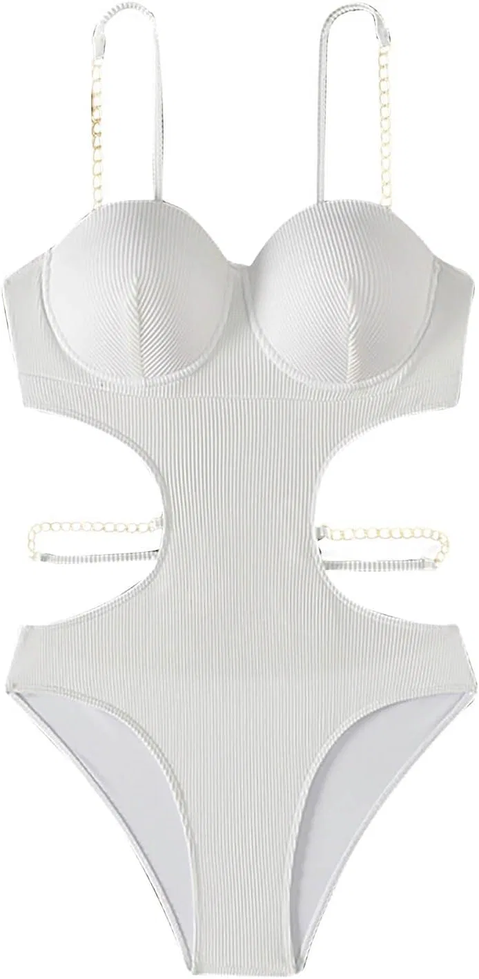 Женский цельный купальник с вырезами Monokini Push Up High Waisted, White