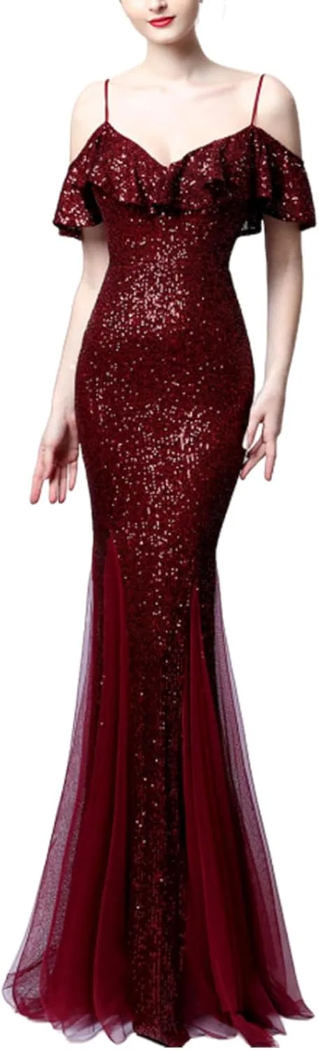 Женское вечернее платье макси с пайетками Sphagetti Strap Ruffle, Red