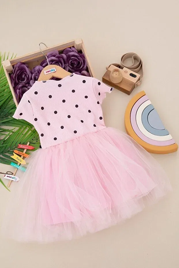 Детское платье для девочек с принтом Daphne ticaret girl polka dot tulle half sleeve dress Bam Bam Giyim, Pink — фото 2