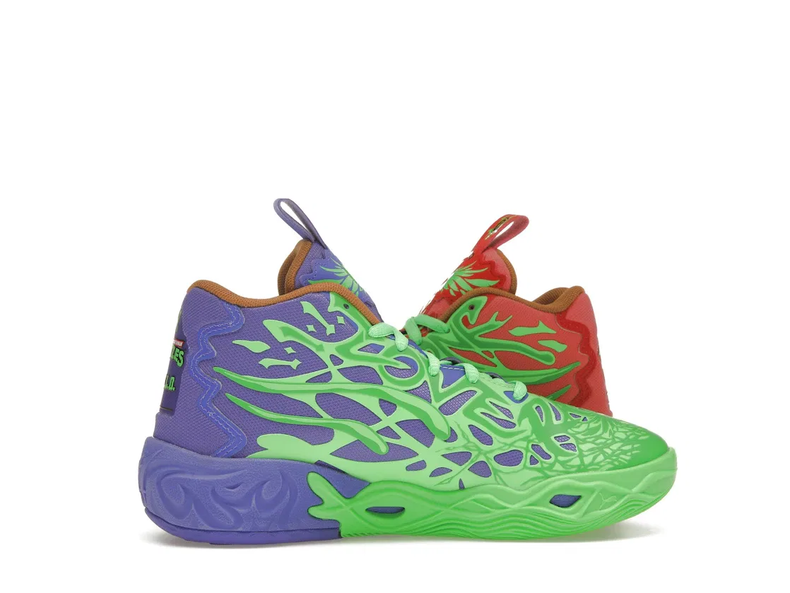 Детские кроссовки для мальчиков баскетбольные Puma LaMelo Ball MB.04 Teenage Mutant Ninja Turtles Raphael and Donatello (GS), Fluro Green Pes/Puma Red/Dark Amethyst — фото 3