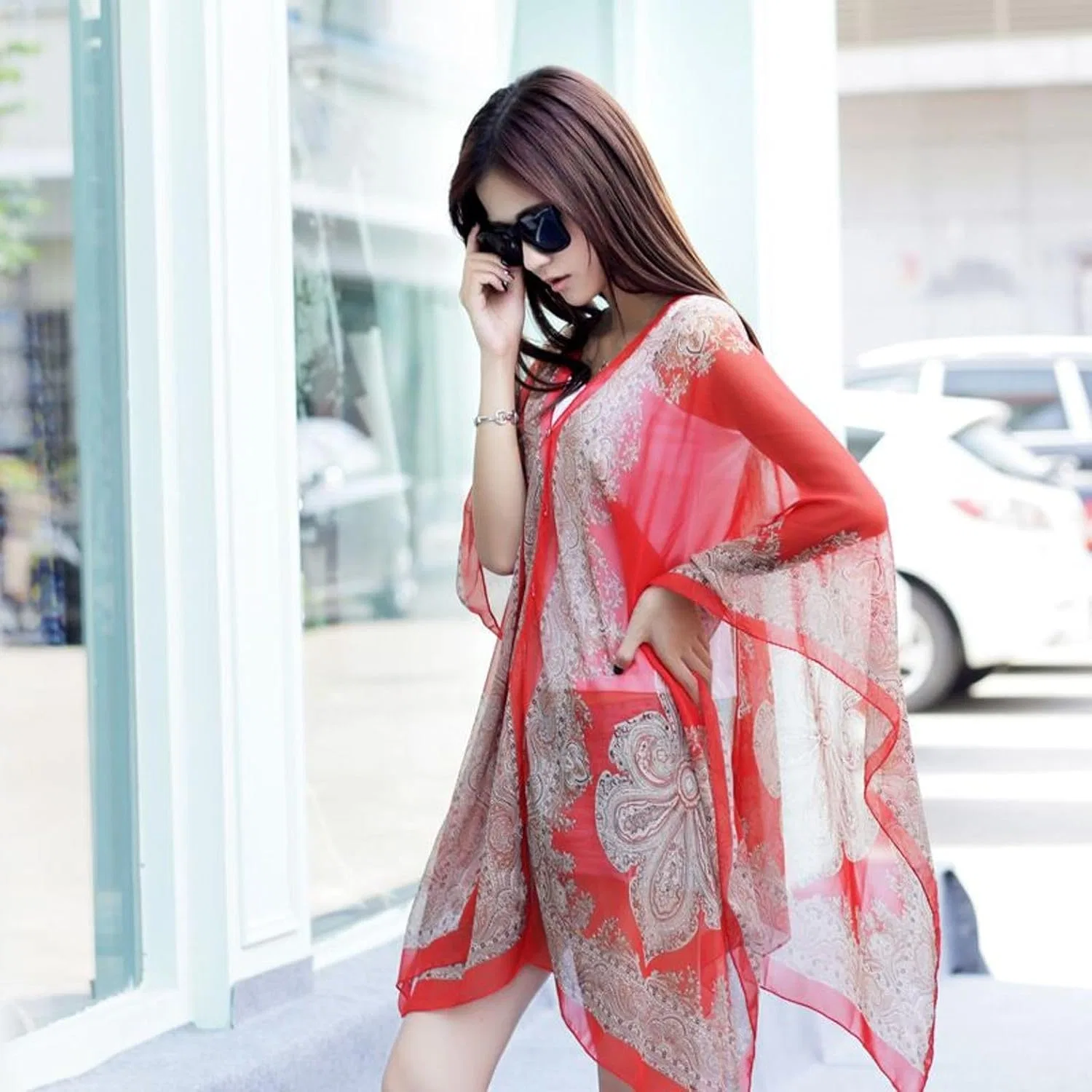 Женская пляжная накидка с V-образным вырезом Chiffon, Vermillion — фото 2