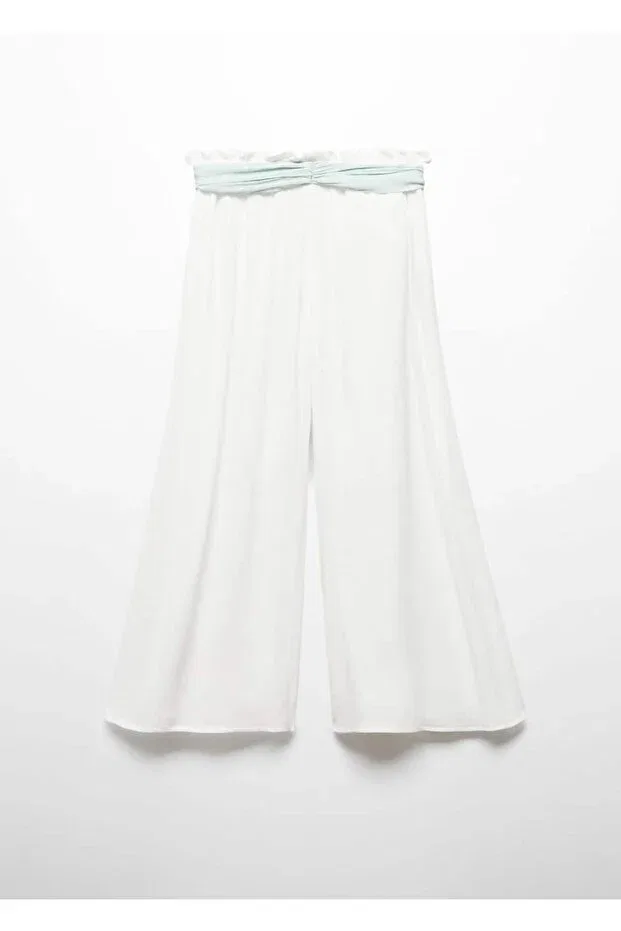Детские брюки для девочек хлопковые Bamboo tie detailed trousers Mango Kids, White — фото 2
