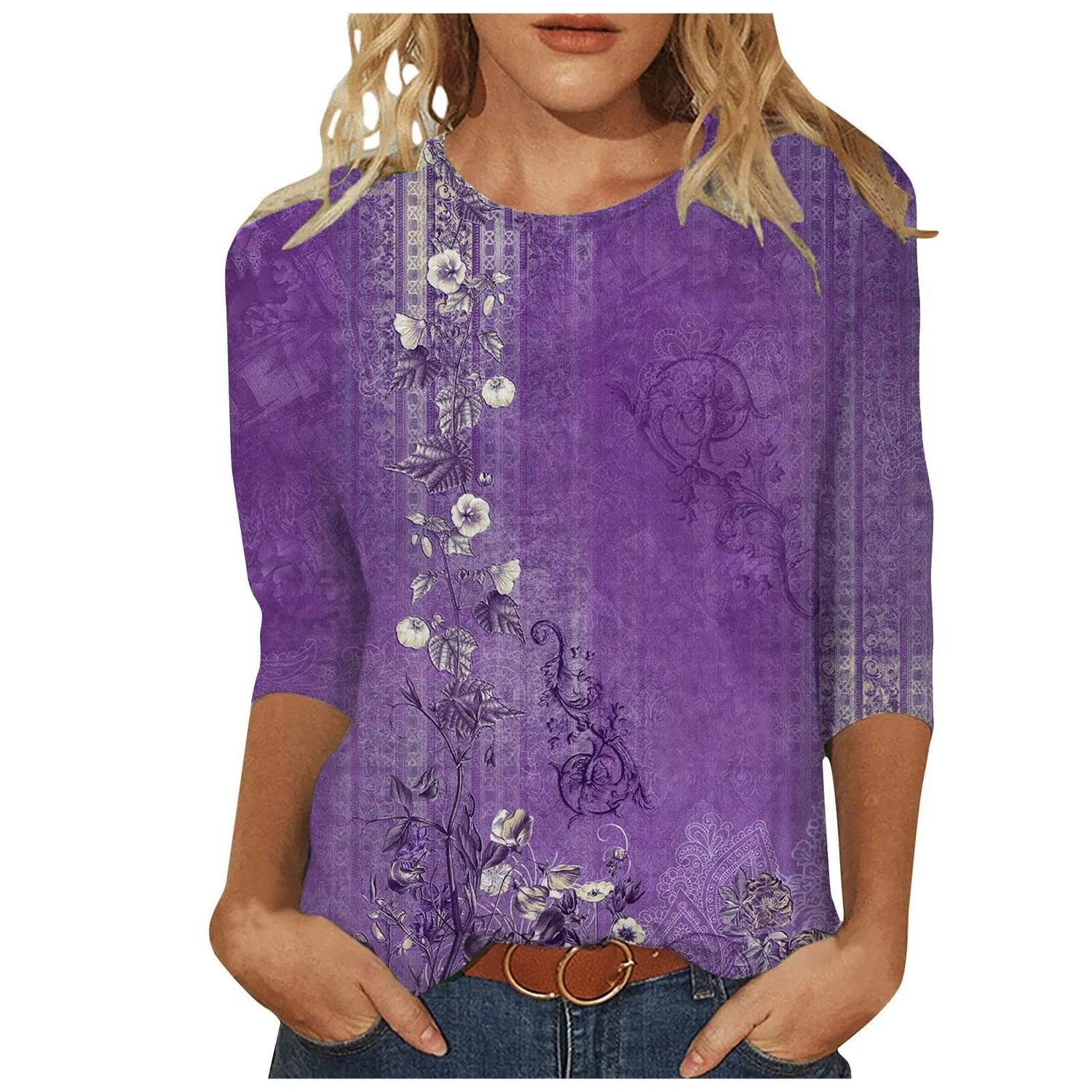 Женская футболка с принтом Plus Size T-Shirts 3/4 Sleeves, Purple #3