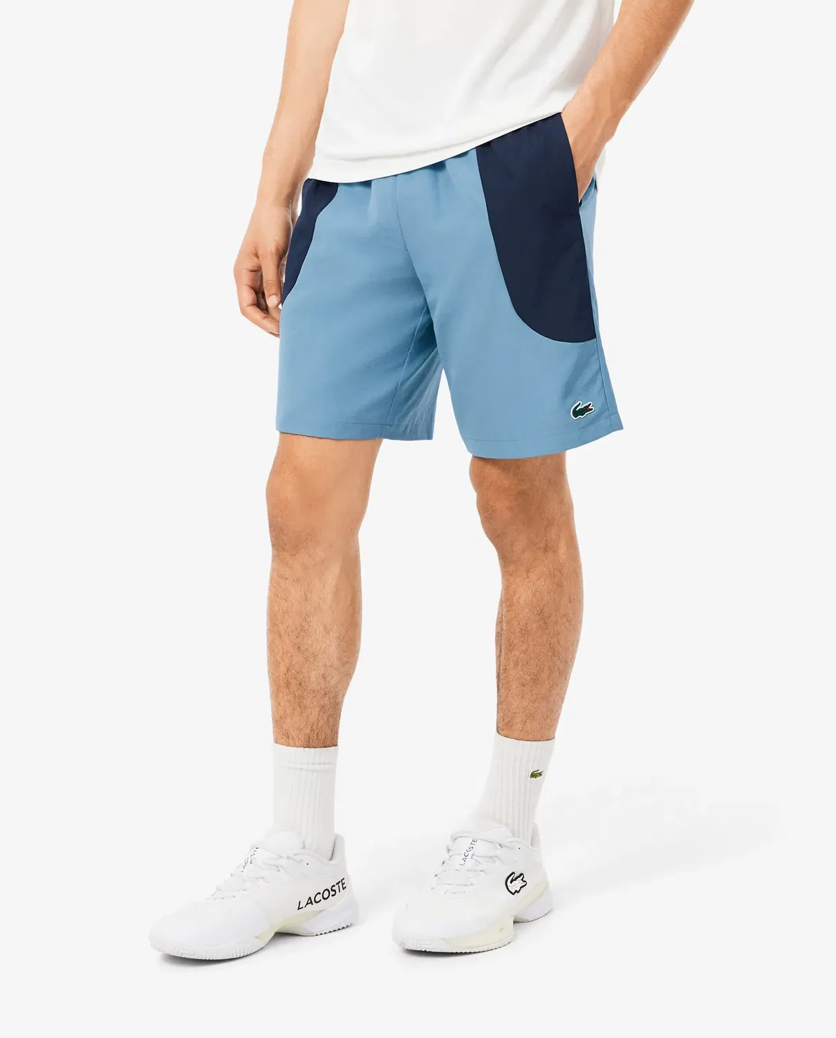 Мужские спортивные шорты водоотталкивающие с цветными блоками Lacoste, Blanco / Azul — фото 3