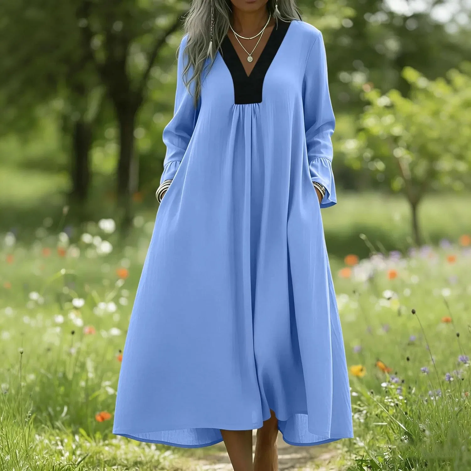Женское повседневное платье миди с V-образным вырезом Cotton Linen, Blue — фото 2
