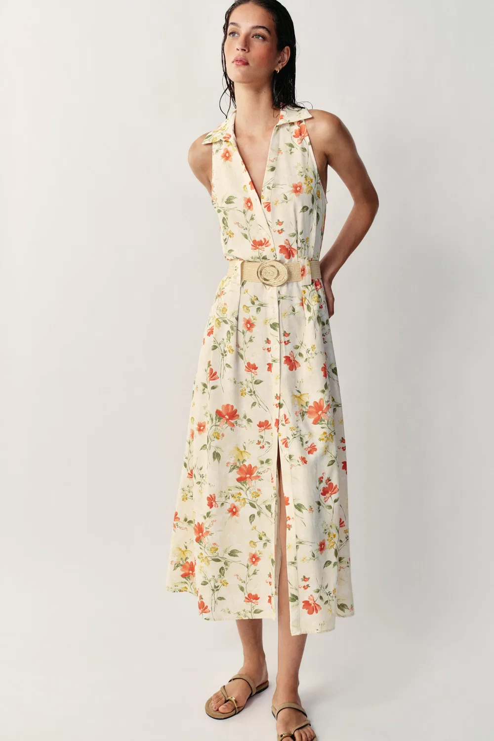 Платье миди с цветочным принтом и поясом ZARA, Multicoloured