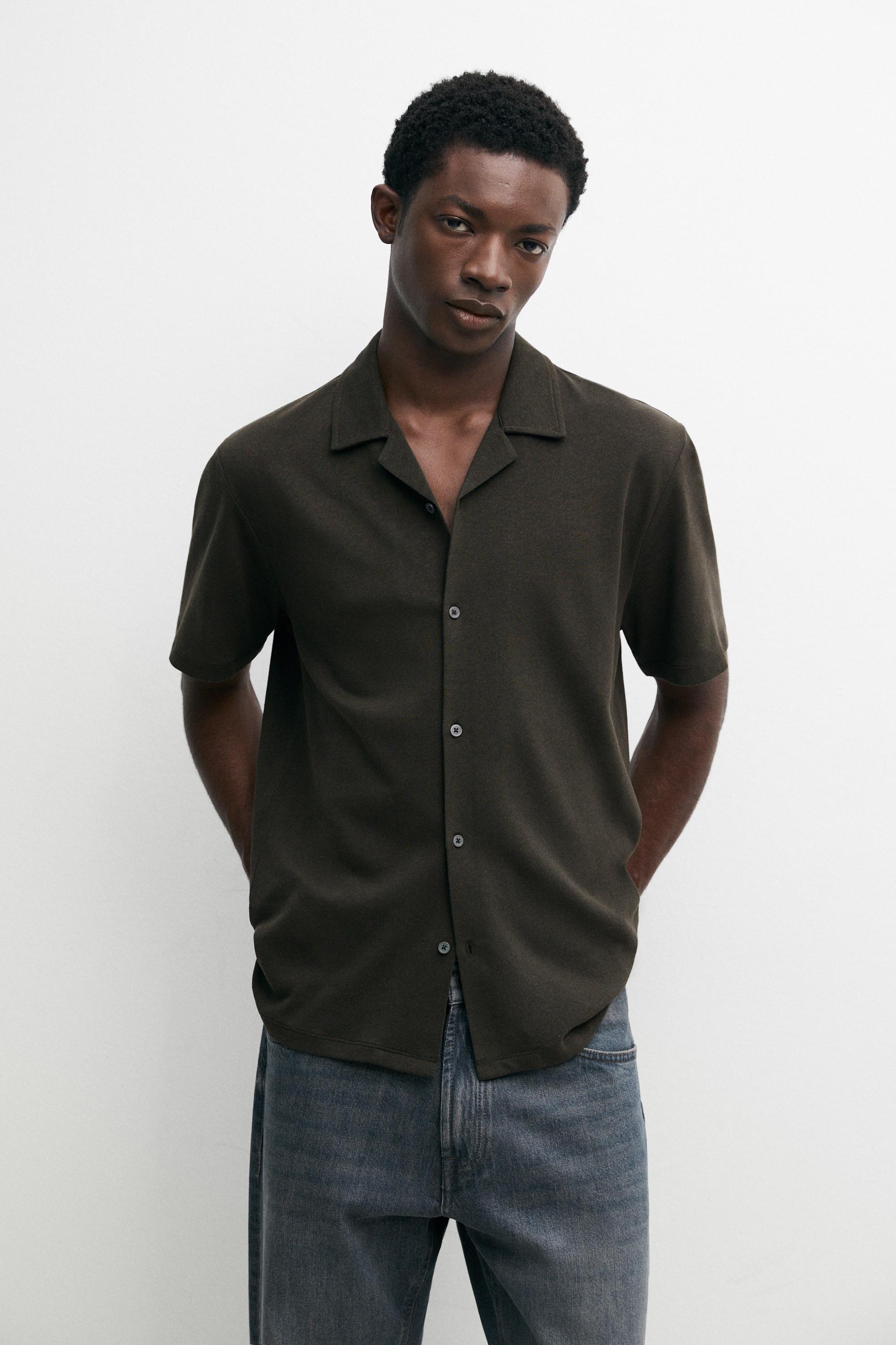 Рубашка  Massimo Dutti Linen And Cotton Short Sleeve, хаки — фото 3