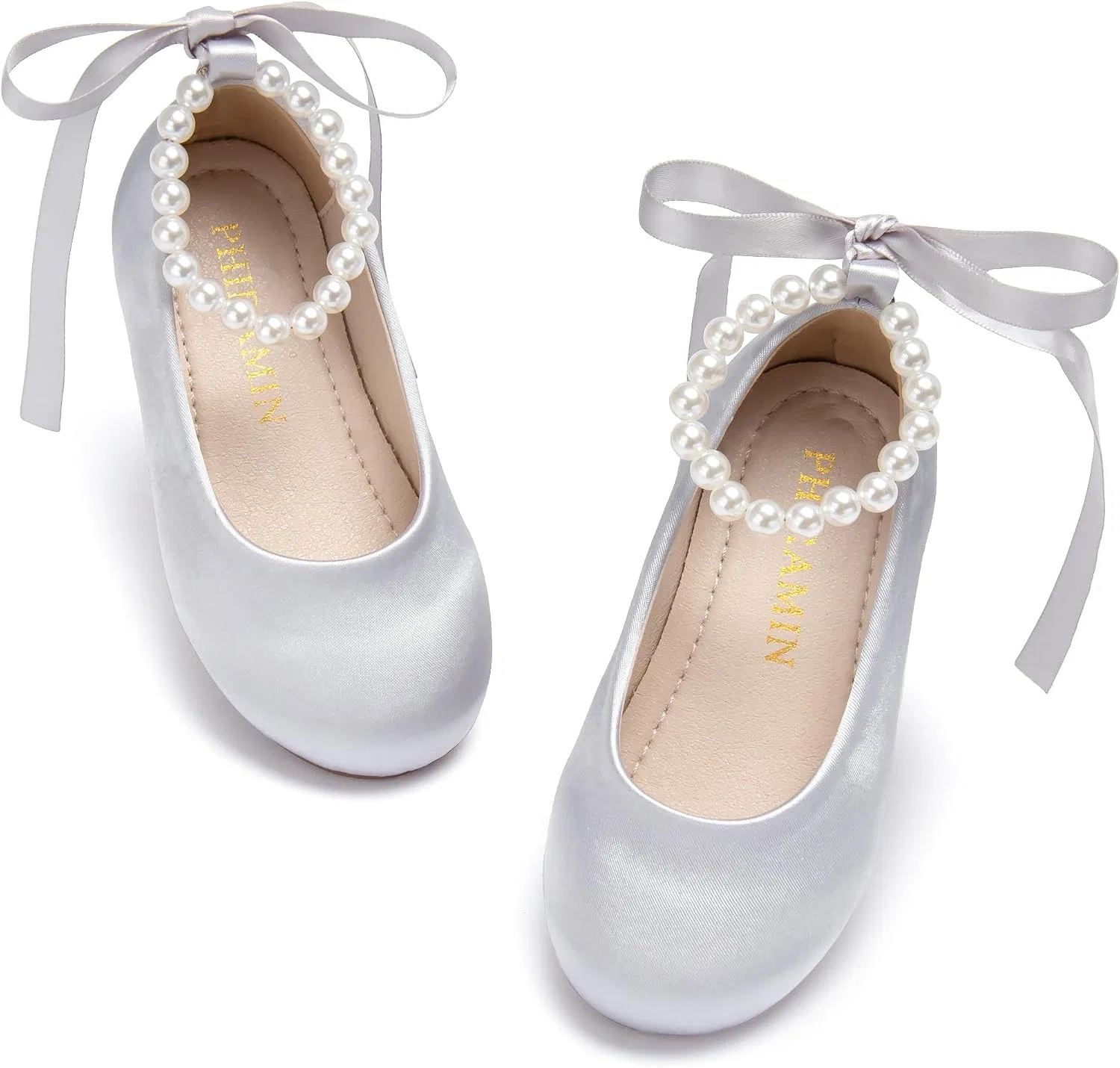 Детские туфли-балетки для девочек с жемчужным ремешком PHIRAMIN, Silver Gray Pearl Strap