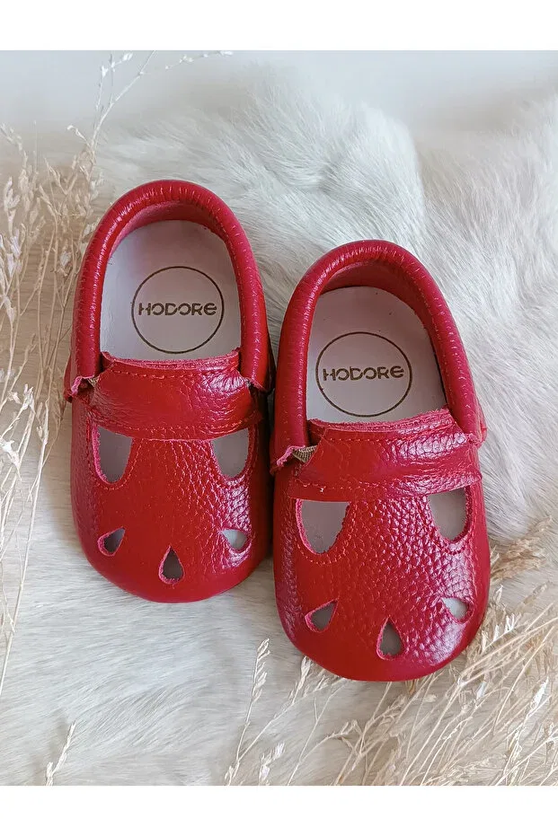 Детские пинетки для девочек кожаные Wizy red genuine leather baby booties moccasin Hodore, Dark Red