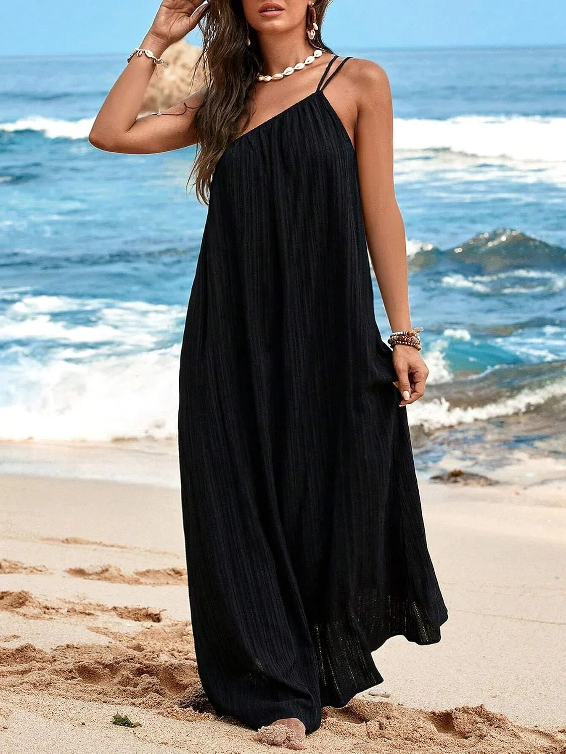 Женское повседневное макси-платье на бретелях Beach Vacation, Black — фото 3