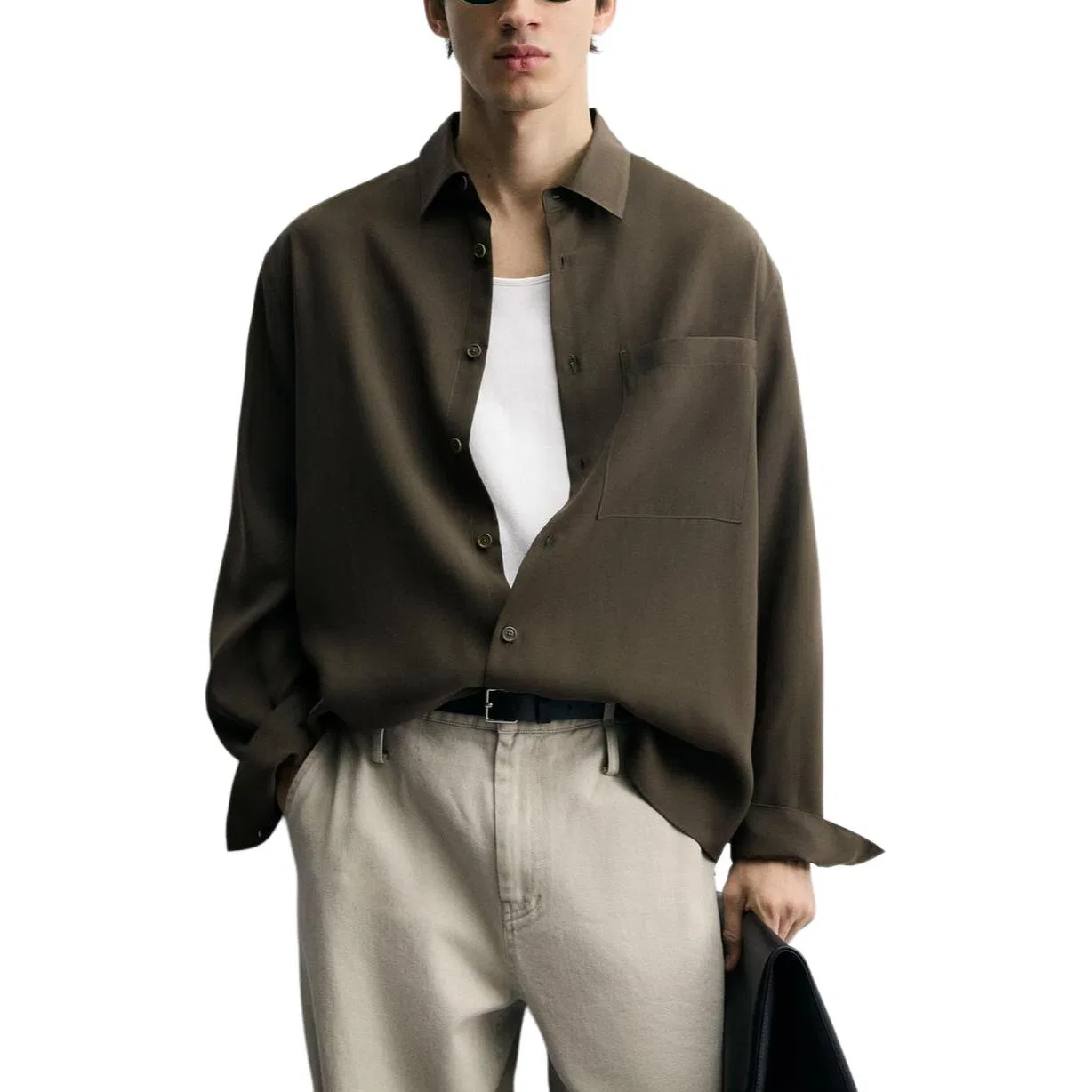 Мужская рубашка с лацканами Khaki ZARA, Хаки — фото 4