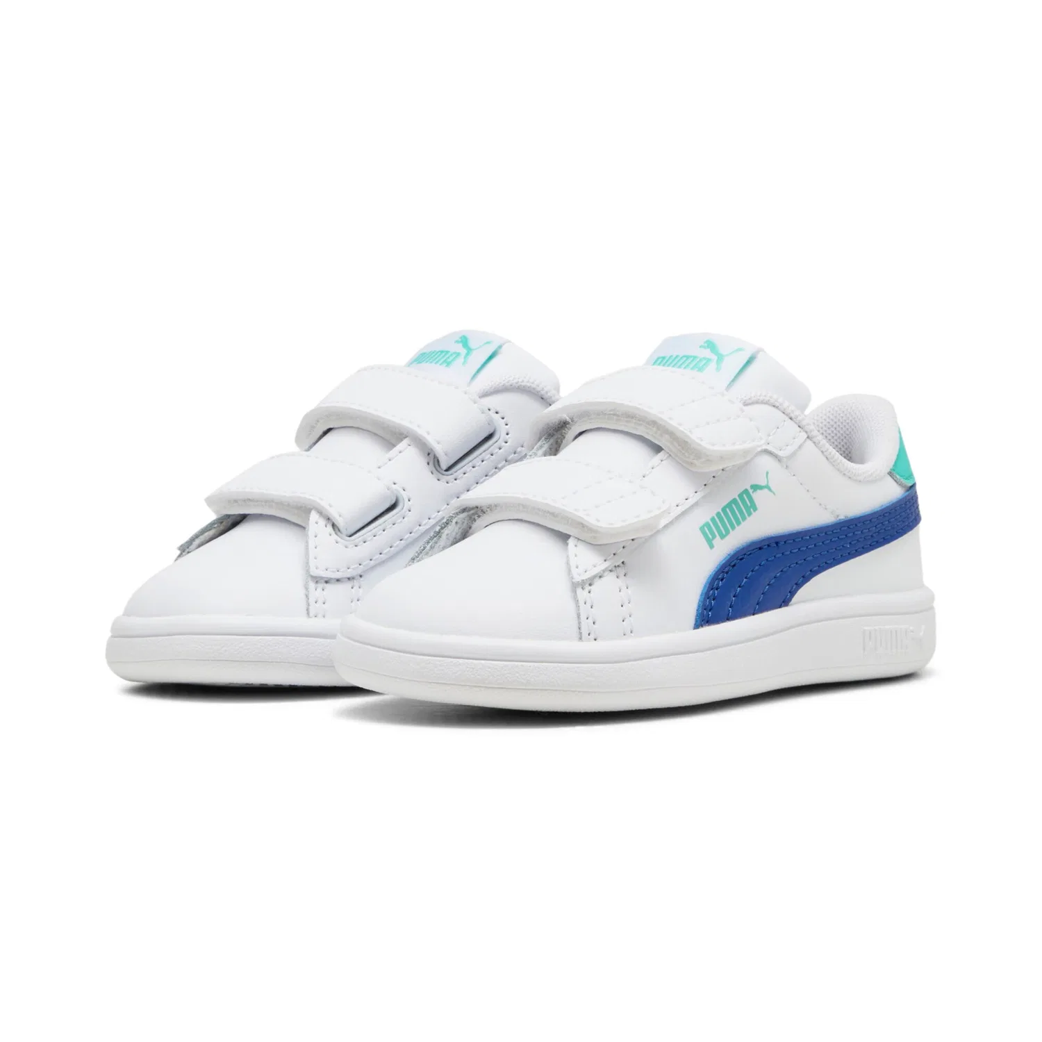 Детские кожаные кроссовки с липучкой PUMA White-Vivid Blue-Aquatic