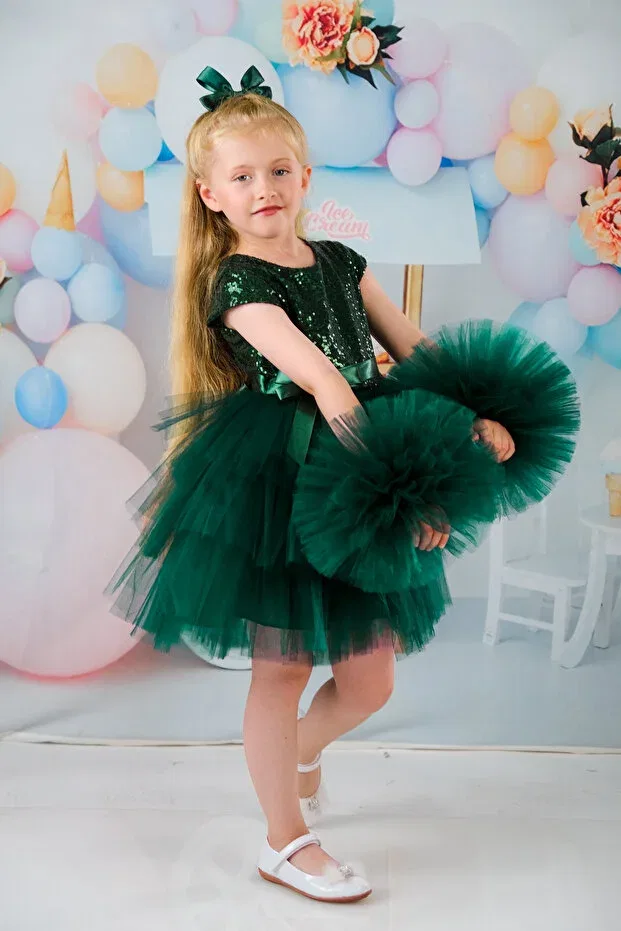 Детское платье для девочек с помпонами Delfini Kids, Green — фото 3