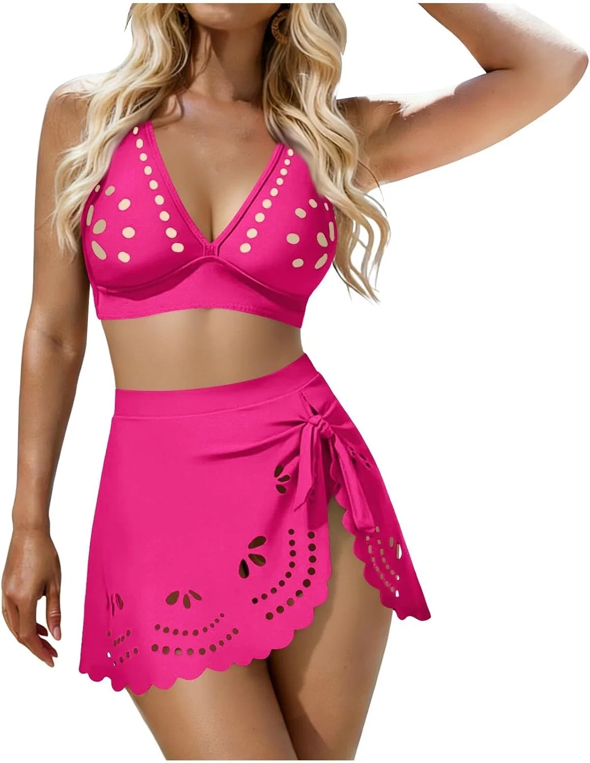 Женский двухкомплектный купальник с высокой талией Hollow Out Swim Skirts, 01-hot Pink