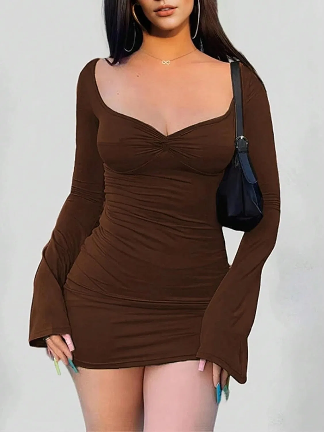 Женское мини-платье bodycon с асимметричным вырезом Coffee — фото 2