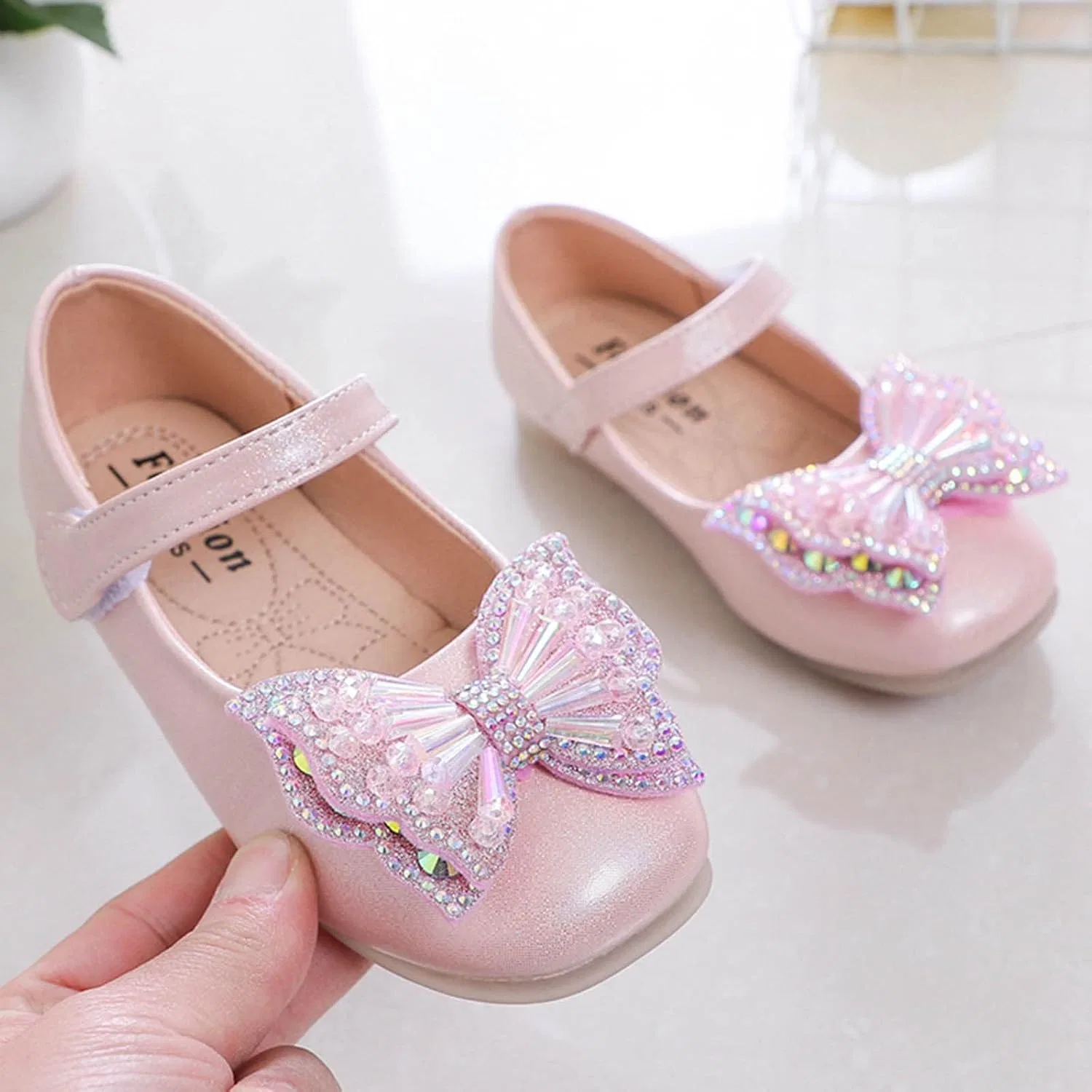 Детские туфли для девочек с пайетками и бантом Mary Jane, Pink — фото 2
