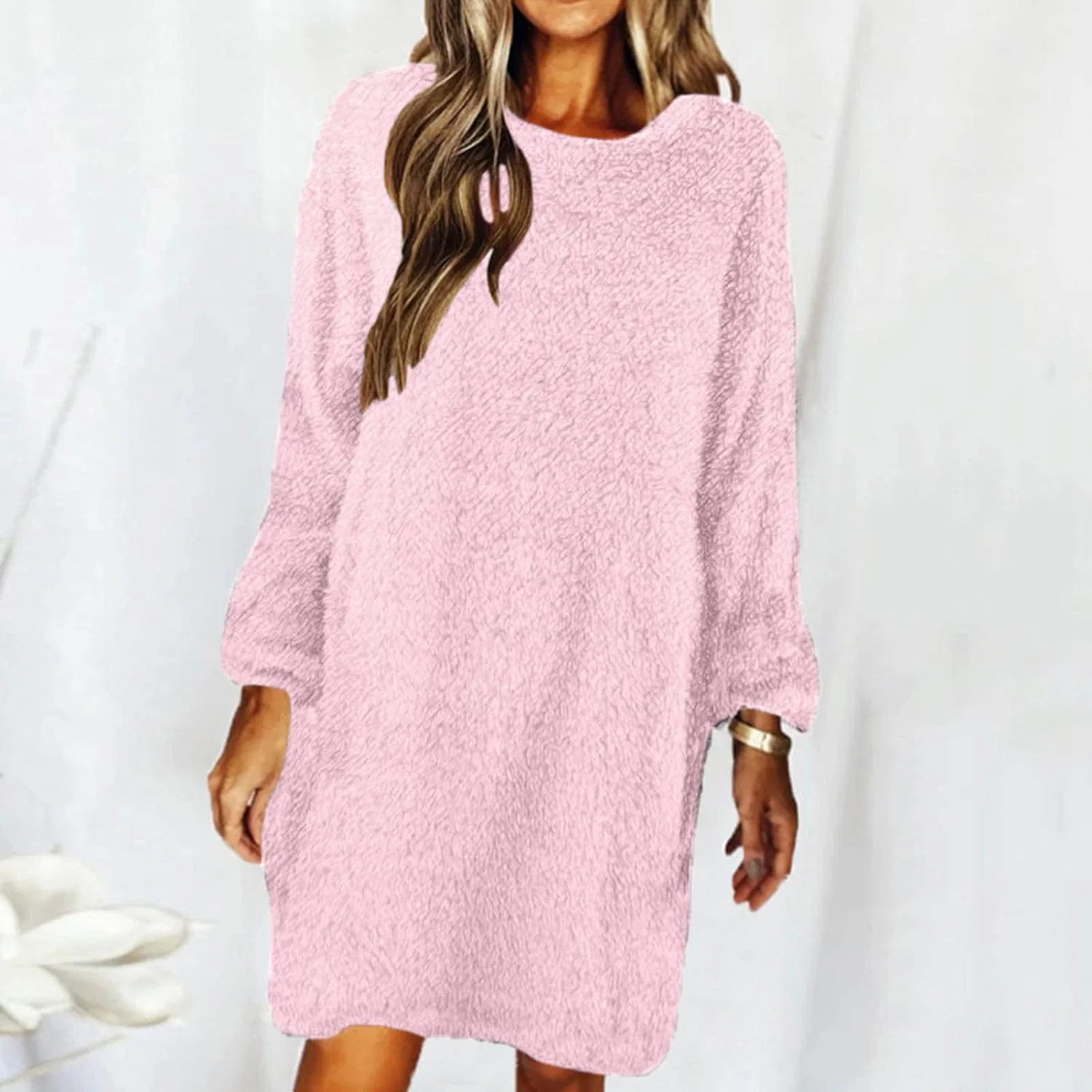 Женское платье-свитер свободное Plush Fuzzy Pullover, Pink — фото 2
