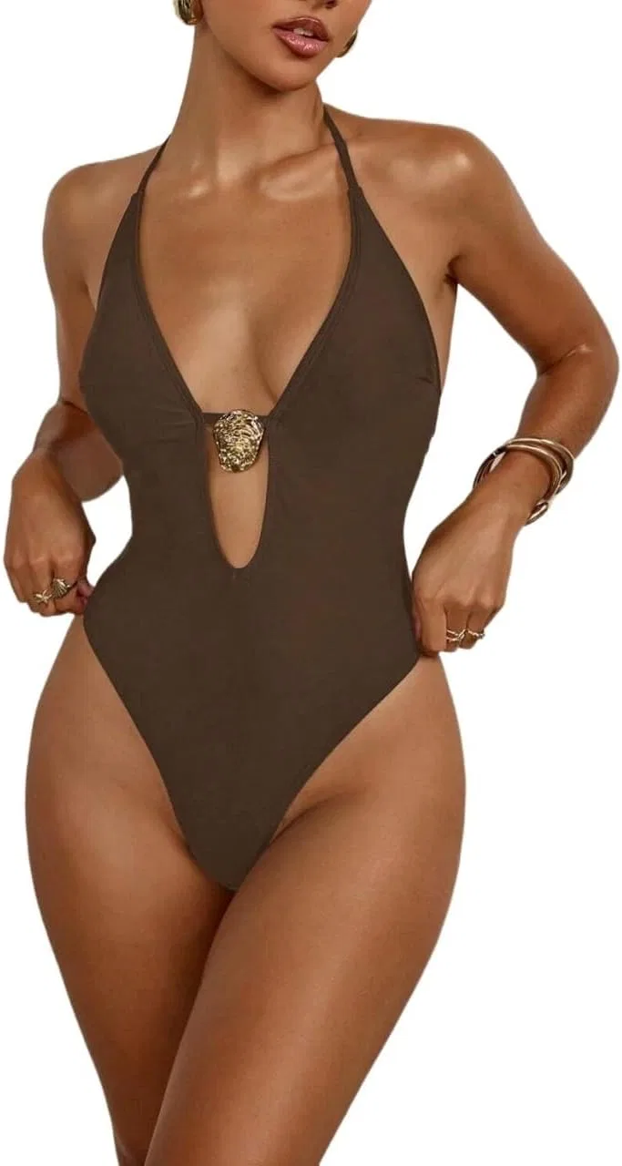 Женский монокини с вырезом на спине Halter Neck, Brown